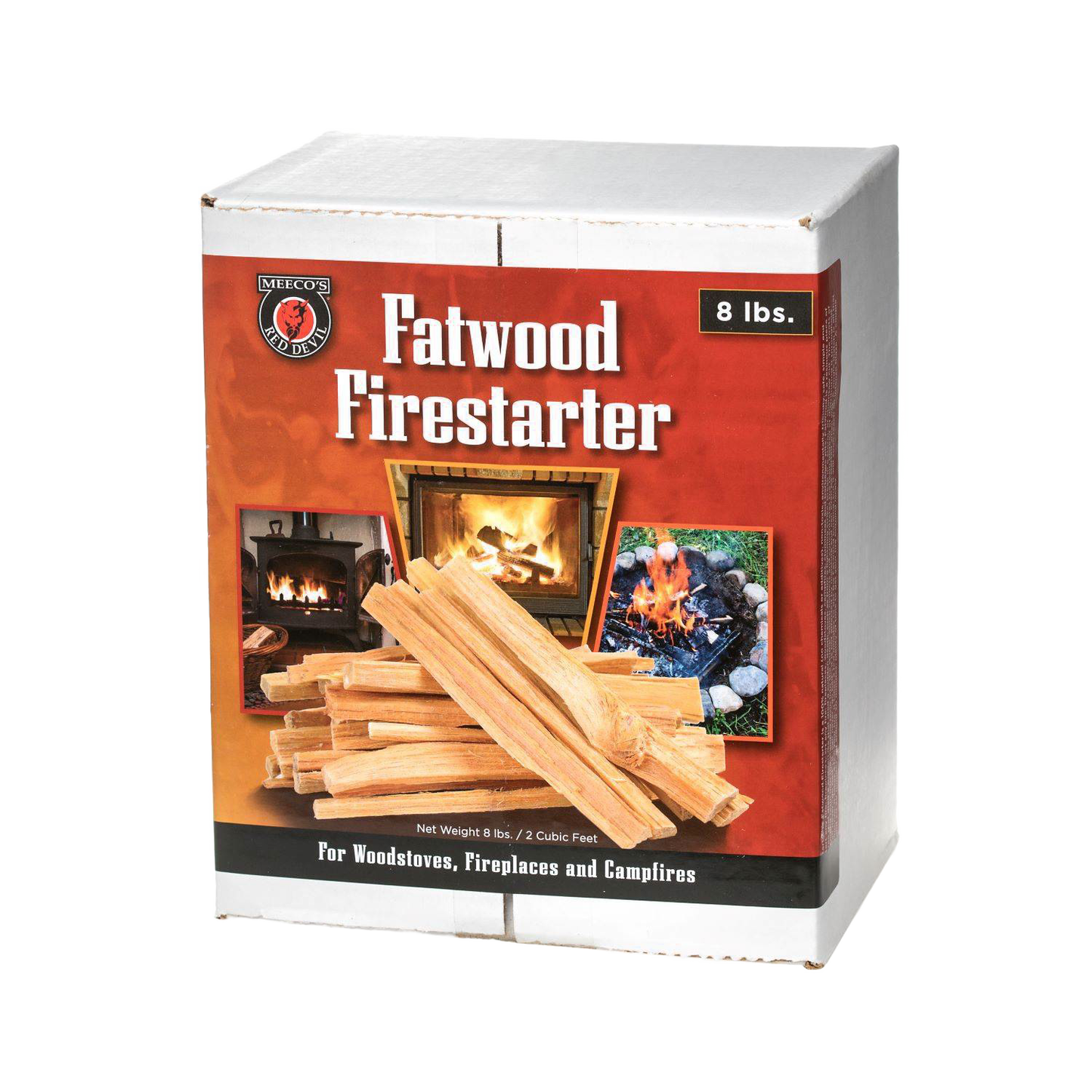 Box packaging of natural pine fatwood firestarter sticks weighing 8 pounds, suitable for woodstoves, fireplaces, and campfires, featured in Farm, Garden & Tool and Hearth Accessories collections.