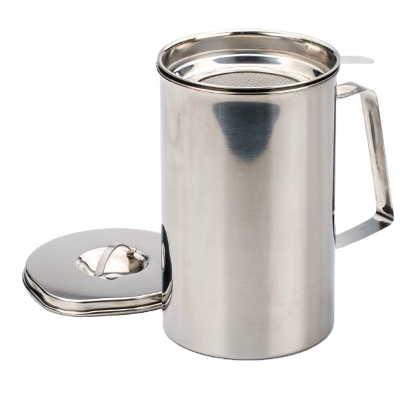Stainless steel grease keeper with fine mesh strainer and sturdy handle, designed for storing and reusing bacon and hamburger grease, featured in Kitchen & Food and Storage and Serving collections.