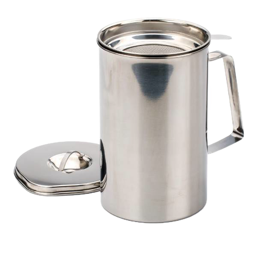 Stainless steel grease keeper with fine mesh strainer and sturdy handle, designed for storing and reusing bacon and hamburger grease, featured in Kitchen & Food and Storage and Serving collections.