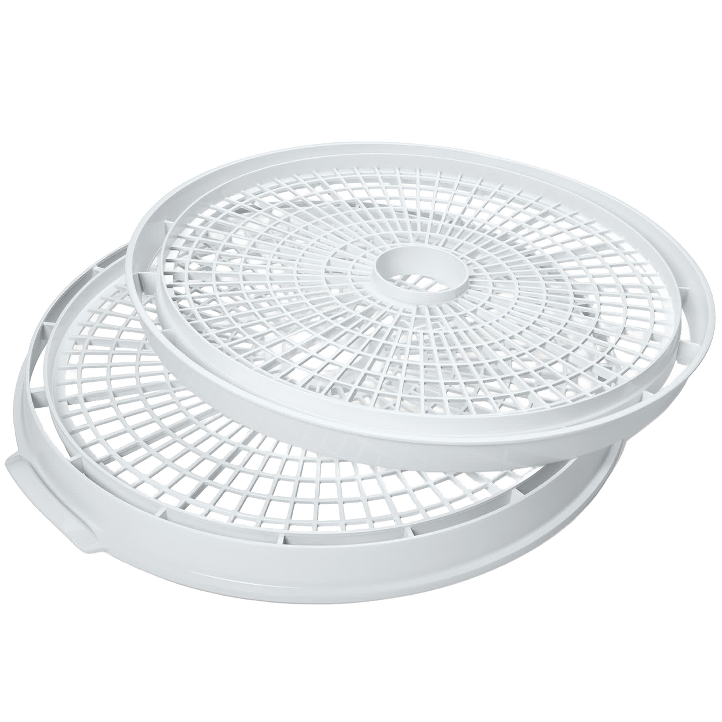 Set of two white circular add-on trays designed to expand drying capacity, with open grid construction, suitable for food preservation and drying in kitchen use.