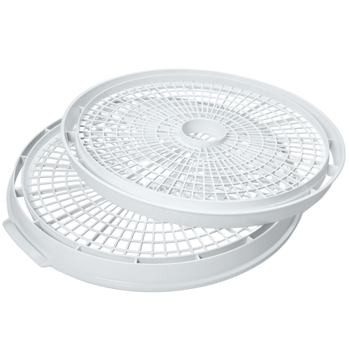 Set of two white circular add-on trays designed to expand drying capacity, with open grid construction, suitable for food preservation and drying in kitchen use.