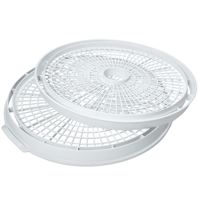 Set of two white circular add-on trays designed to expand drying capacity, with open grid construction, suitable for food preservation and drying in kitchen use.