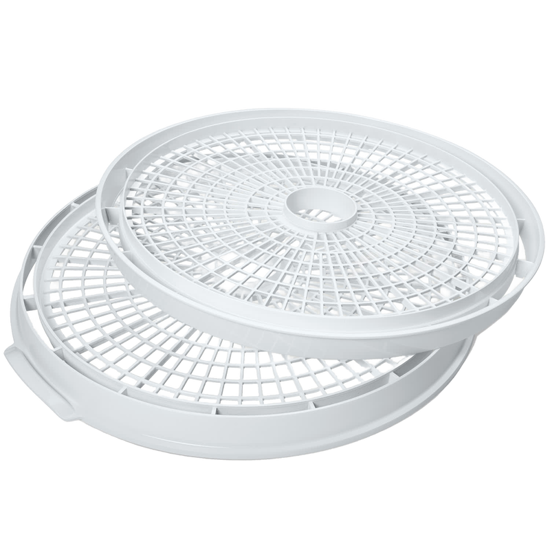Set of two white circular add-on trays designed to expand drying capacity, with open grid construction, suitable for food preservation and drying in kitchen use.