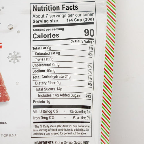Nutrition facts label showing 90 calories per serving with zero fat, cholesterol, vitamins, and minerals, plus 14g added sugars, on packaging with festive red, white, and green striped edge, part of Kitchen & Food and USA Made collections.