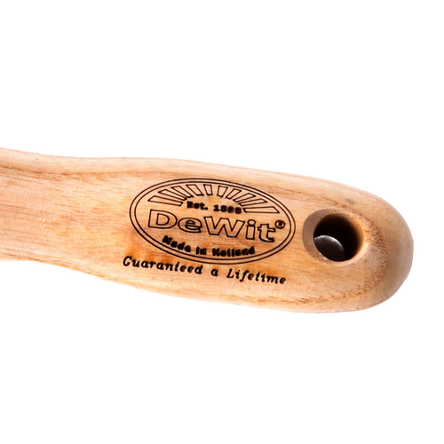 Close-up of a natural wood handle with engraved DeWit logo and lifetime guarantee, showcasing handcrafted quality for Farm, Garden & Tool, Garden Accessories, Best Sellers, and Promo Eligible collections.