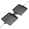 Open cast iron sandwich iron with hinged square pans and long handles, designed for toasting bread and bagels over a campfire, ideal for Farm, Garden & Tool, Camping, and Best Sellers collections.