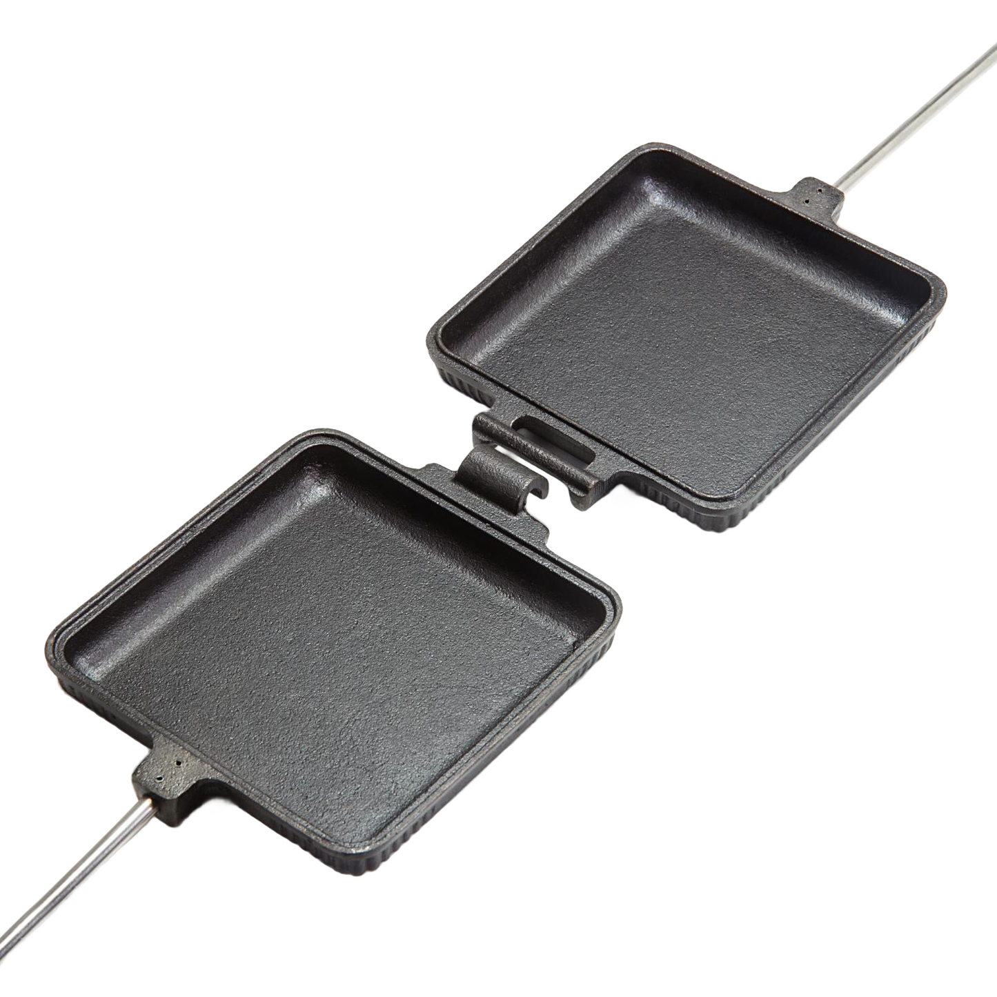 Open cast iron sandwich iron with hinged square pans and long handles, designed for toasting bread and bagels over a campfire, ideal for Farm, Garden & Tool, Camping, and Best Sellers collections.