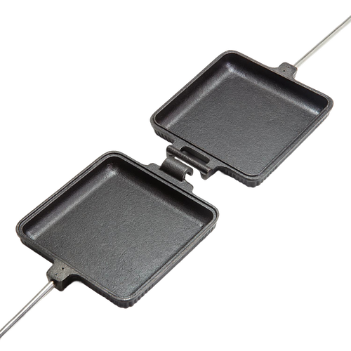 Open cast iron sandwich iron with hinged square pans and long handles, designed for toasting bread and bagels over a campfire, ideal for Farm, Garden & Tool, Camping, and Best Sellers collections.