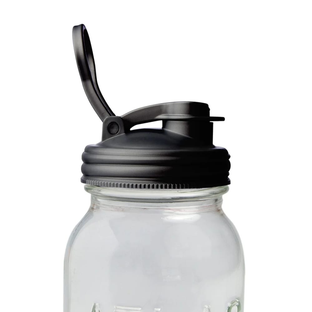 Black pour lid with flip-top spout and carry loop, designed for regular-mouth jars, made in the USA, ideal for Kitchen & Food, Kitchen Gadgets, and USA Made collections.