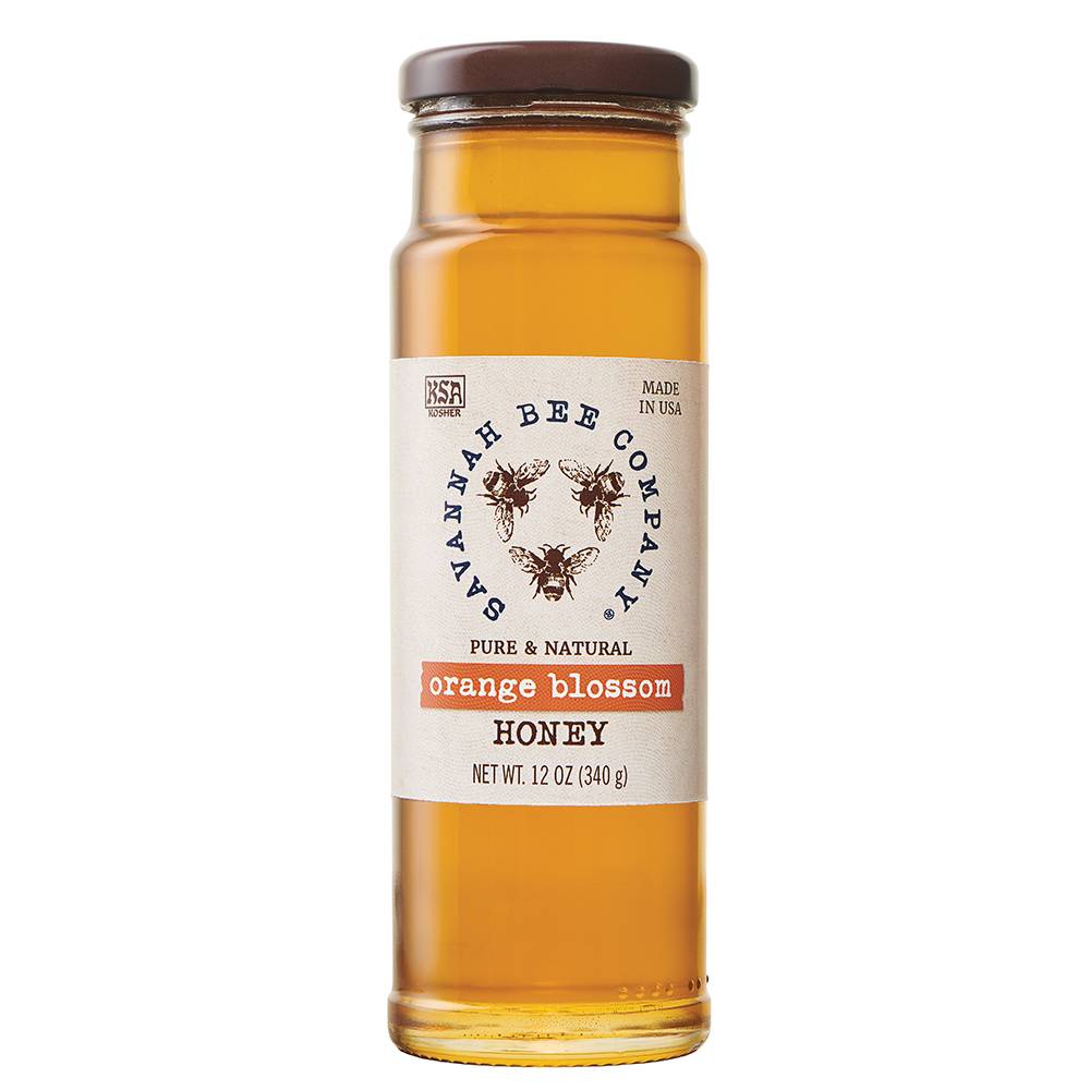Tall glass jar of handcrafted pure and natural orange blossom honey with brown lid and simple label, ideal for Kitchen & Food, Pantry, Food, Best Sellers, Promo Eligible, and Sale collections