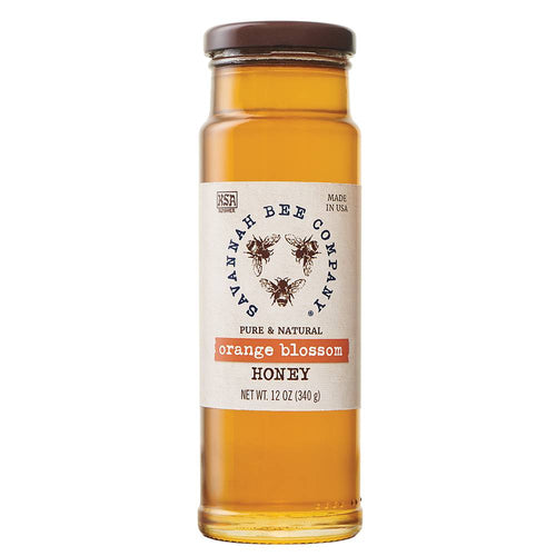 Tall glass jar of handcrafted pure and natural orange blossom honey with brown lid and simple label, ideal for Kitchen & Food, Pantry, Food, Best Sellers, Promo Eligible, and Sale collections