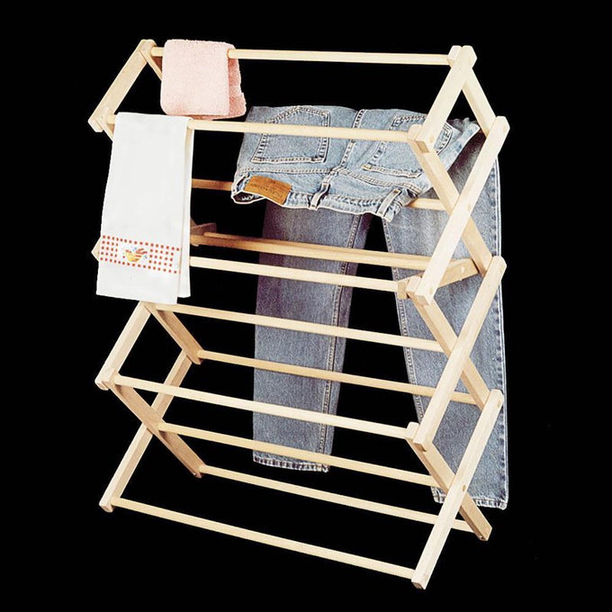 Handcrafted Amish-made wooden floor clothes dryer with multiple dowel rods, ideal for indoor drying, compact storage, featured in Home & Decor, Laundry Supplies, and USA Made collections.