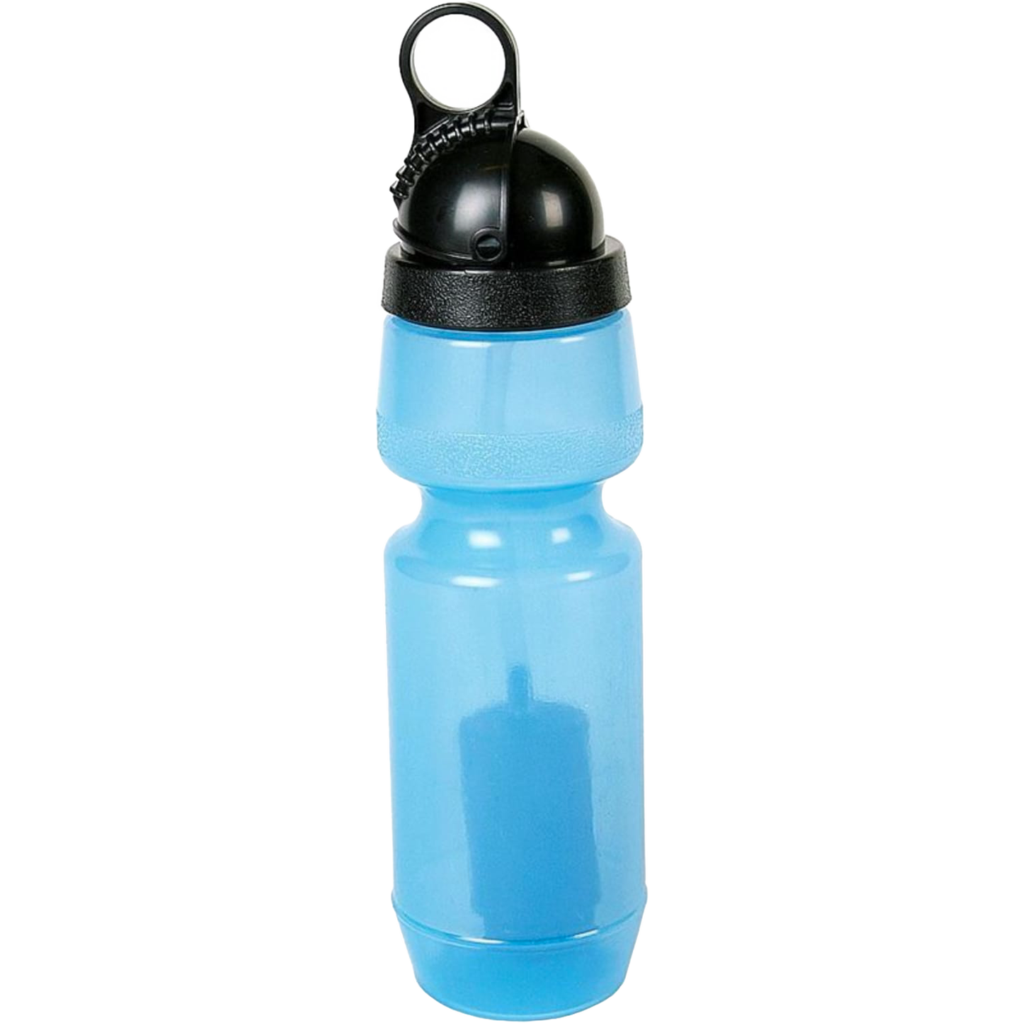 Translucent blue water filter bottle with black screw-on cap and loop handle, constructed from BPA-free medical-grade polymer, ideal for camping and emergency supplies.