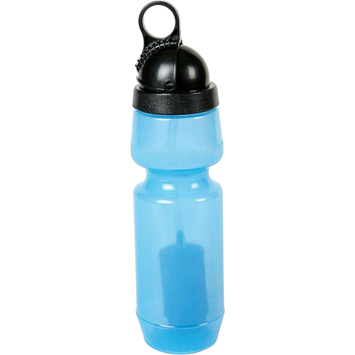Translucent blue water filter bottle with black screw-on cap and loop handle, constructed from BPA-free medical-grade polymer, ideal for camping and emergency supplies.