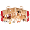 Foldable wooden barn toy with bright red sides and natural wood interior, including miniature farm animals, ladder, and fenced corral, designed for imaginative play in Toys, Books & Games and Children's Toys collections.