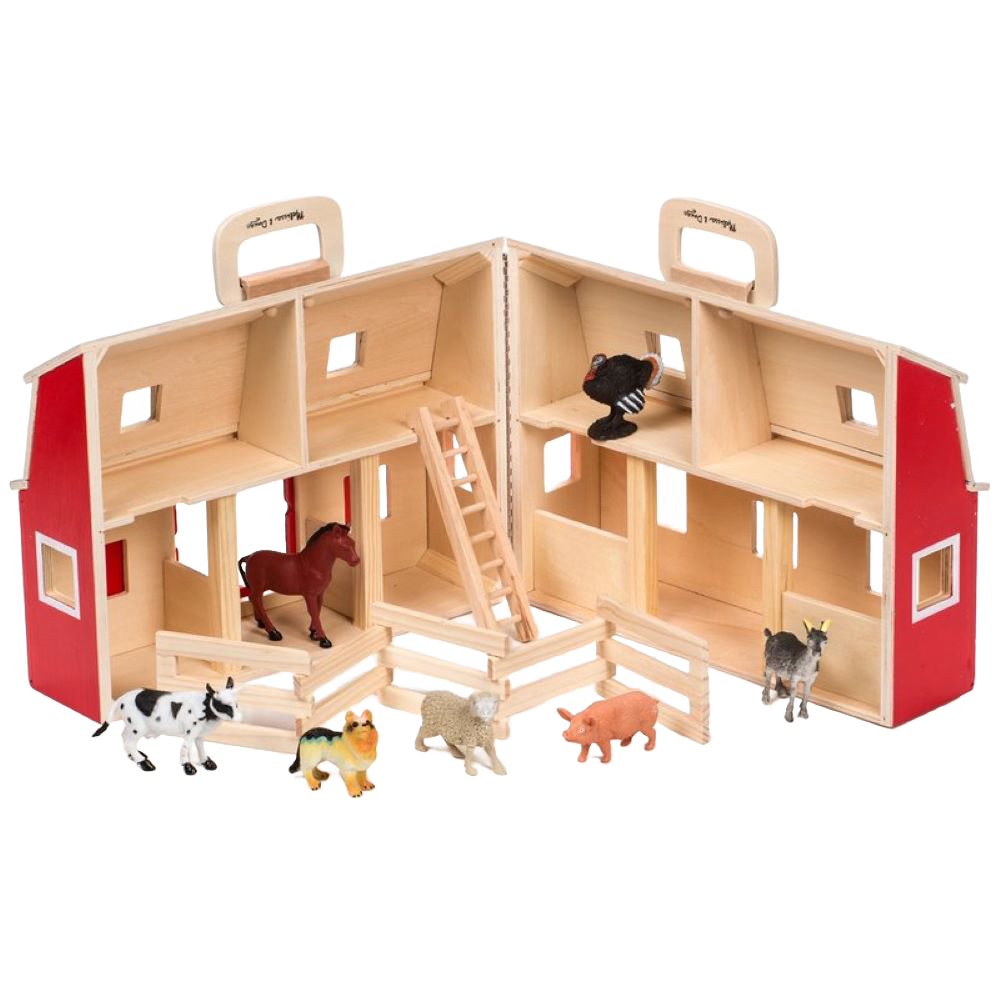 Foldable wooden barn toy with bright red sides and natural wood interior, including miniature farm animals, ladder, and fenced corral, designed for imaginative play in Toys, Books & Games and Children's Toys collections.