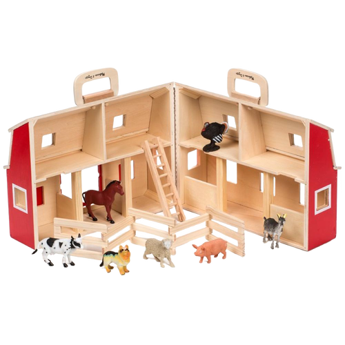 Foldable wooden barn toy with bright red sides and natural wood interior, including miniature farm animals, ladder, and fenced corral, designed for imaginative play in Toys, Books & Games and Children's Toys collections.