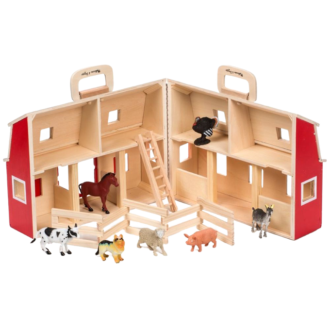Foldable wooden barn toy with bright red sides and natural wood interior, including miniature farm animals, ladder, and fenced corral, designed for imaginative play in Toys, Books & Games and Children's Toys collections.