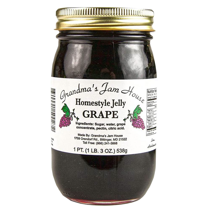 Jar of handcrafted grape jelly with gold lid and simple white label featuring grape illustrations, made in USA, ideal for Kitchen & Food, Pantry, Peanut Butter & Jellies, USA Made, Best Sellers, and Promo Eligible collections.