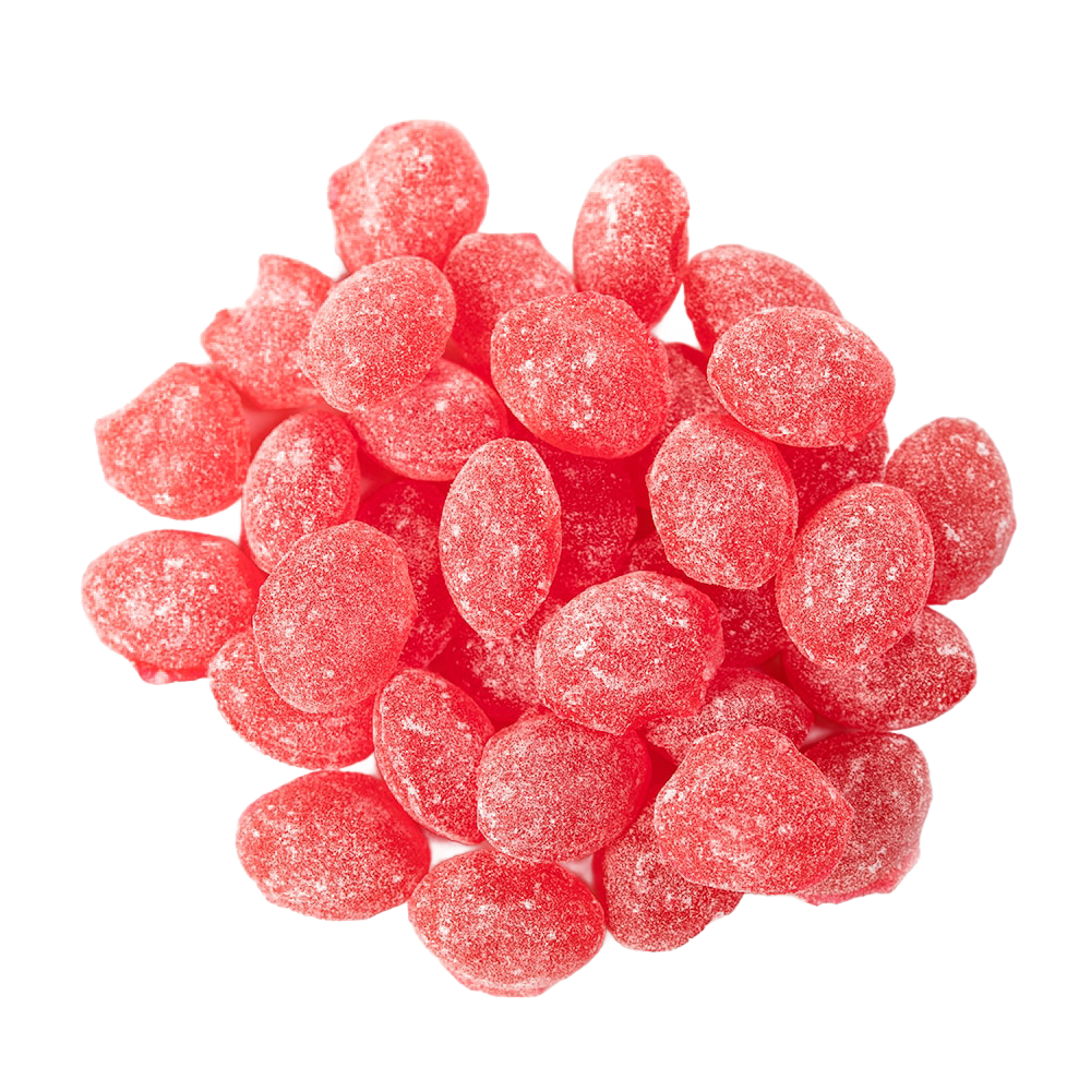 Close-up of handcrafted wild cherry flavored sugared hard candies from a USA made sampler pack, featured in Kitchen & Food, Candy, USA Made, Best Sellers, and Promo Eligible collections.