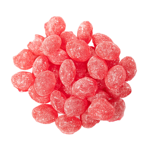 Close-up of handcrafted wild cherry flavored sugared hard candies from a USA made sampler pack, featured in Kitchen & Food, Candy, USA Made, Best Sellers, and Promo Eligible collections.