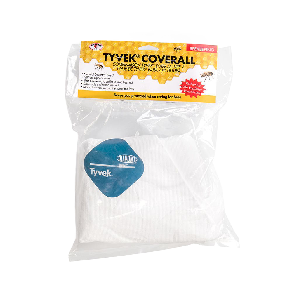 White Tyvek protective coveralls for beekeeping with full zipper, elastic cuffs and ankles, water resistant, ideal for Farm, Garden & Tool and Beekeeping Supplies collections.