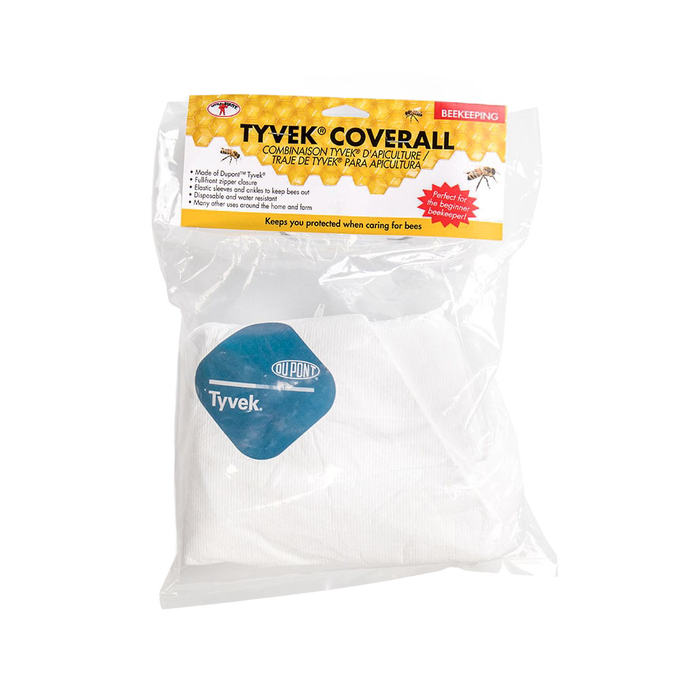 White Tyvek protective coveralls for beekeeping with full zipper, elastic cuffs and ankles, water resistant, ideal for Farm, Garden & Tool and Beekeeping Supplies collections.