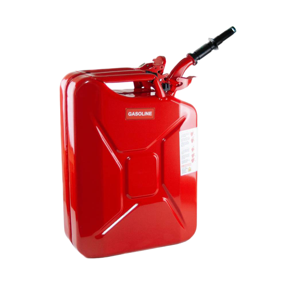 Sturdy red metal fuel container with a safety spout and handle, designed for reliable and leak-proof storage, ideal for farm, garden, emergency, and best seller collections.