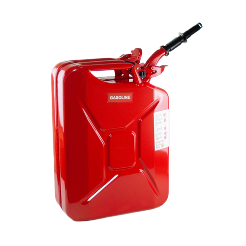 Sturdy red metal fuel container with a safety spout and handle, designed for reliable and leak-proof storage, ideal for farm, garden, emergency, and best seller collections.