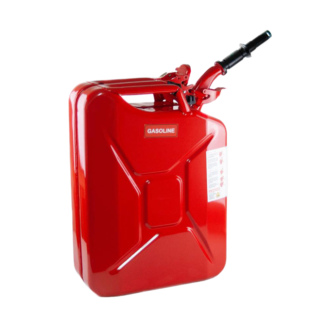 Sturdy red metal fuel container with a safety spout and handle, designed for reliable and leak-proof storage, ideal for farm, garden, emergency, and best seller collections.