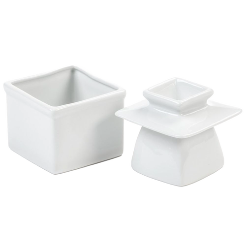 White porcelain butter keeper with separate lid designed to keep butter soft at room temperature, handcrafted piece ideal for kitchen, specialty equipment, and storage use.