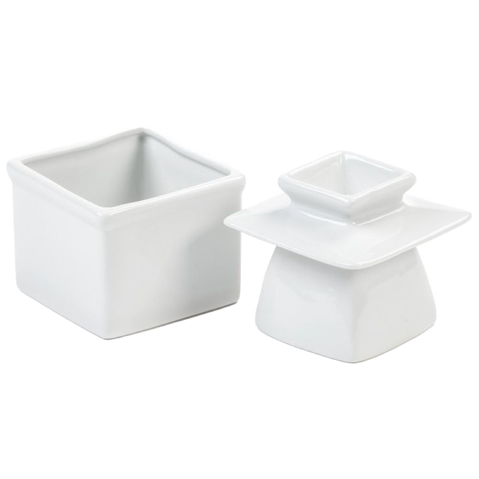 White porcelain butter keeper with separate lid designed to keep butter soft at room temperature, handcrafted piece ideal for kitchen, specialty equipment, and storage use.