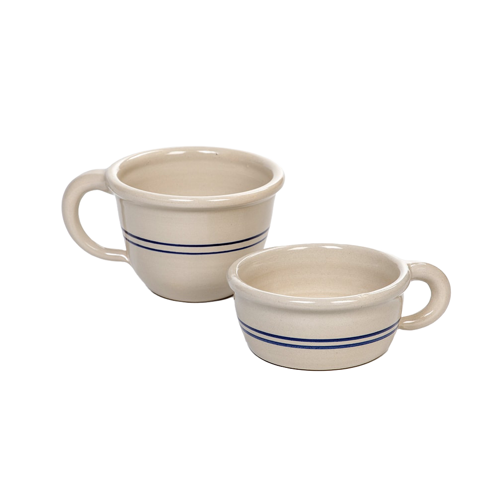 Pair of handcrafted stoneware chili bowls in natural color with double blue stripes and convenient handles, made in USA, ideal for Kitchen & Food, Dinnerware, USA Made, Best Sellers, and Promo Eligible collections.