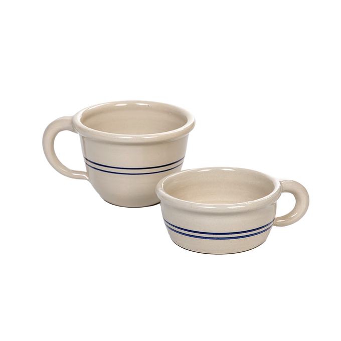 Pair of handcrafted stoneware chili bowls in natural color with double blue stripes and convenient handles, made in USA, ideal for Kitchen & Food, Dinnerware, USA Made, Best Sellers, and Promo Eligible collections.