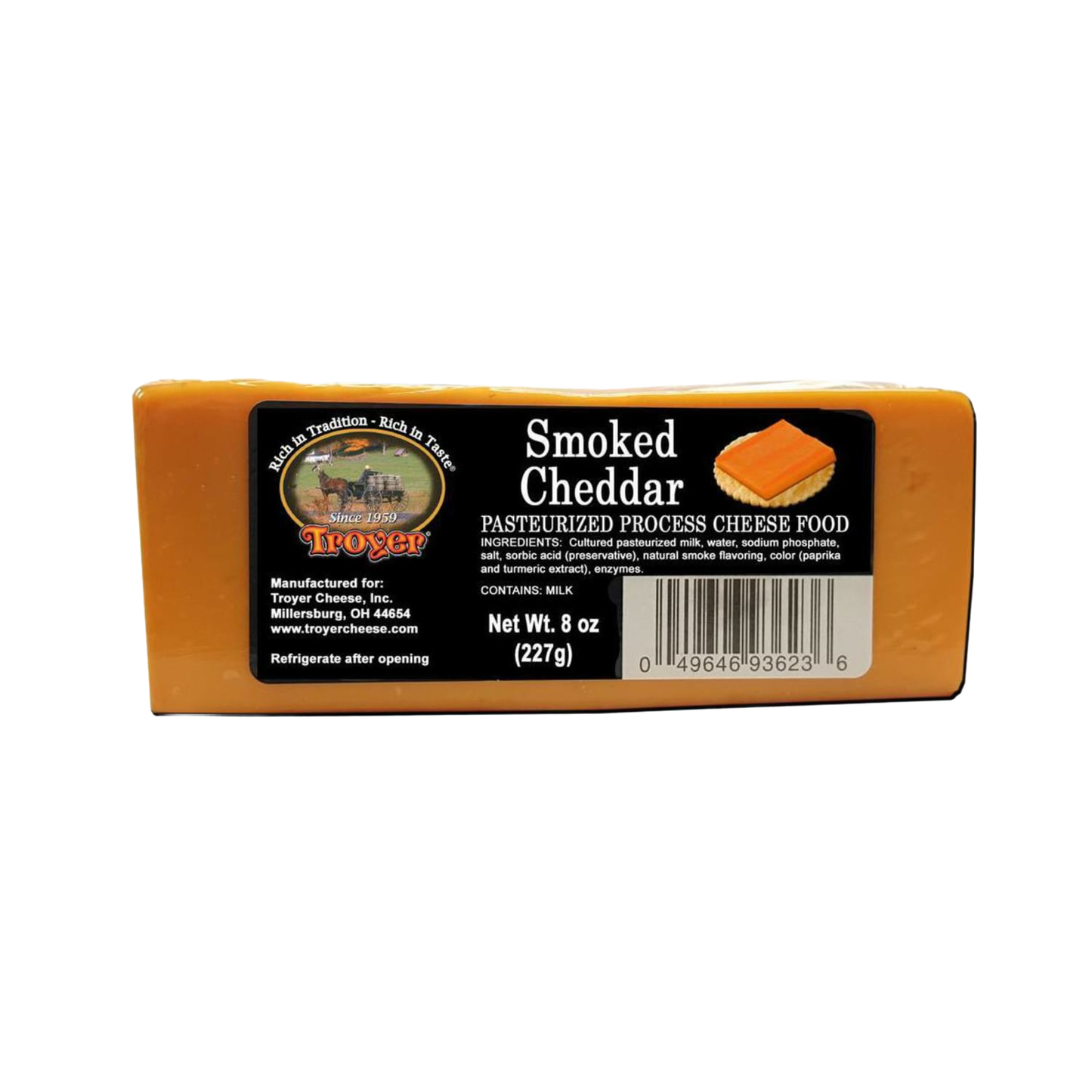 Handcrafted smoked cheddar pasteurized cheese food block, 8 ounces, made in USA, ideal for Kitchen & Food, Snacks and Sweets, Pantry, USA Made, Best Sellers, and Promo Eligible collections.