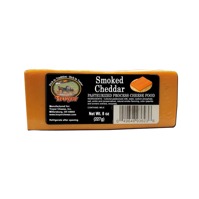 Handcrafted smoked cheddar pasteurized cheese food block, 8 ounces, made in USA, ideal for Kitchen & Food, Snacks and Sweets, Pantry, USA Made, Best Sellers, and Promo Eligible collections.