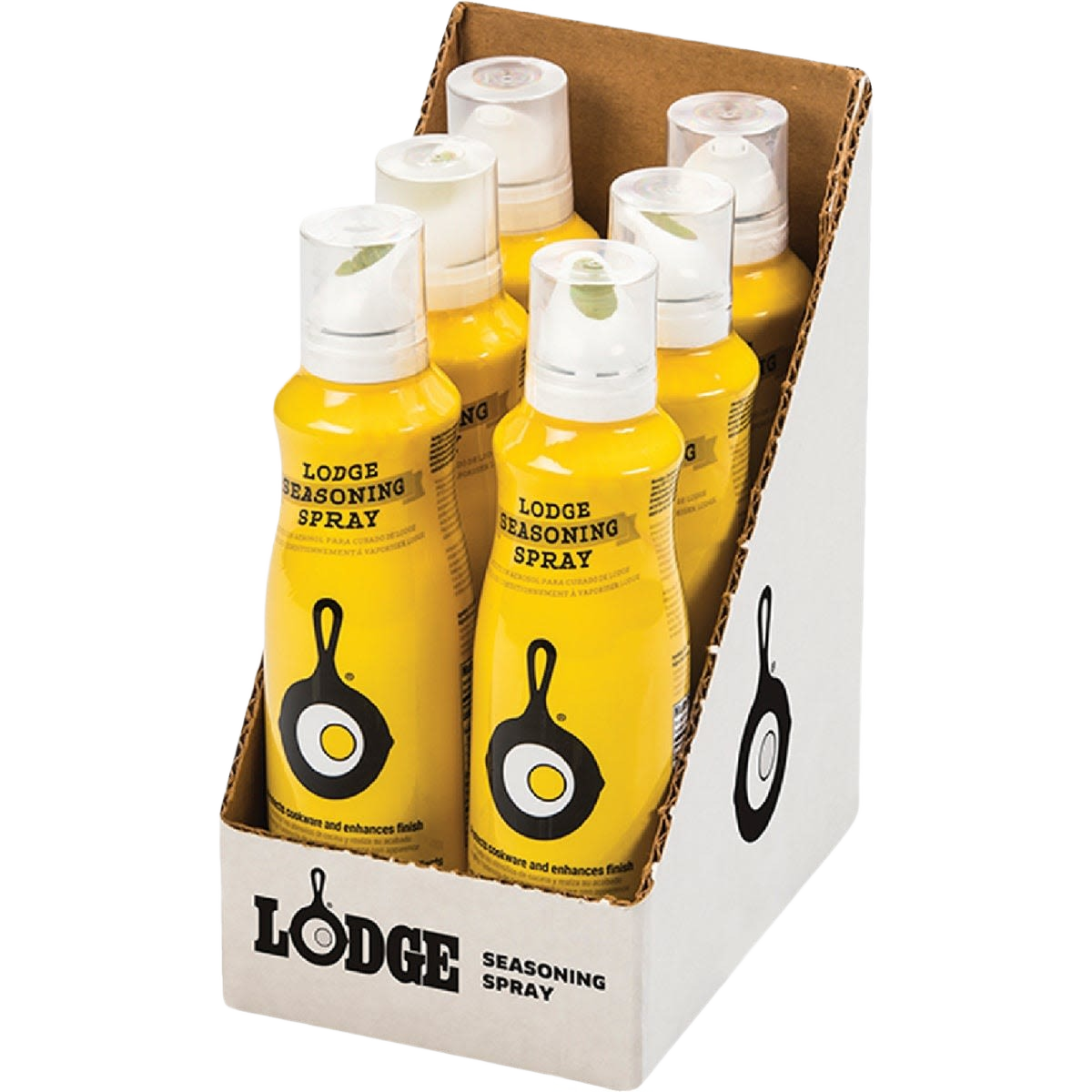 Display of yellow canola oil seasoning sprays featuring cast iron skillet graphics, ideal for Kitchen & Food, Cookware, Cast Iron, Best Sellers, and Promo Eligible collections.
