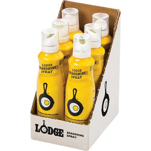 Display of yellow canola oil seasoning sprays featuring cast iron skillet graphics, ideal for Kitchen & Food, Cookware, Cast Iron, Best Sellers, and Promo Eligible collections.