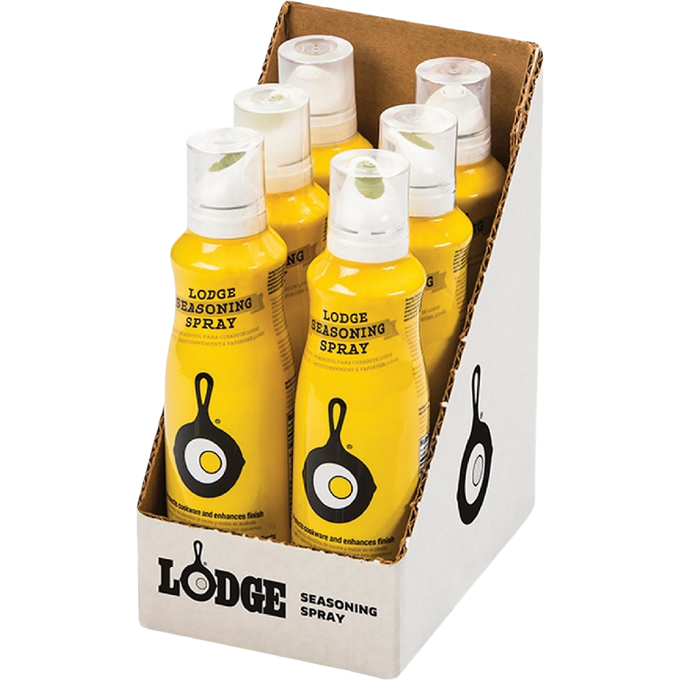 Display of yellow canola oil seasoning sprays featuring cast iron skillet graphics, ideal for Kitchen & Food, Cookware, Cast Iron, Best Sellers, and Promo Eligible collections.
