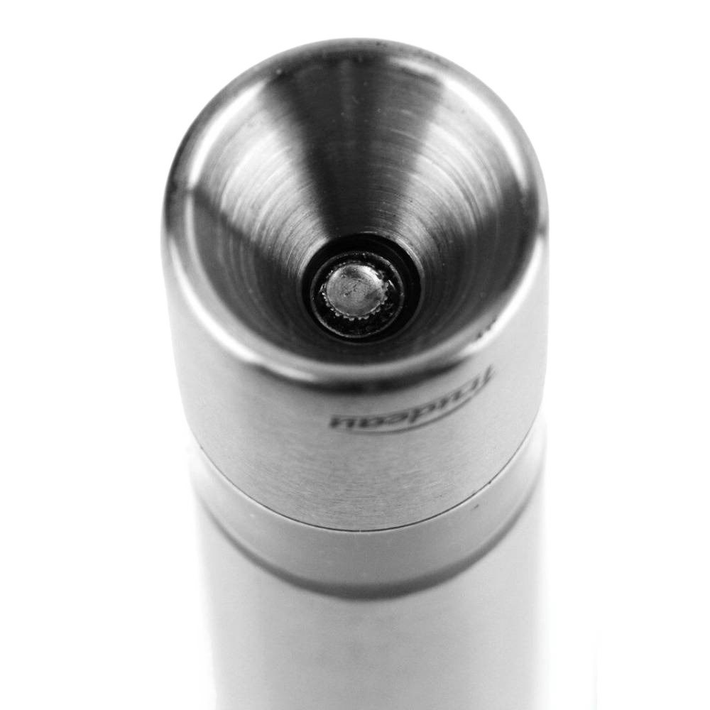 Close-up of a stainless steel one-hand salt mill's grinding mechanism, designed for effortless seasoning in Kitchen & Food and Kitchen Gadgets collections.