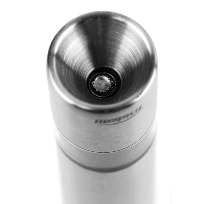 Close-up of a stainless steel one-hand salt mill's grinding mechanism, designed for effortless seasoning in Kitchen & Food and Kitchen Gadgets collections.
