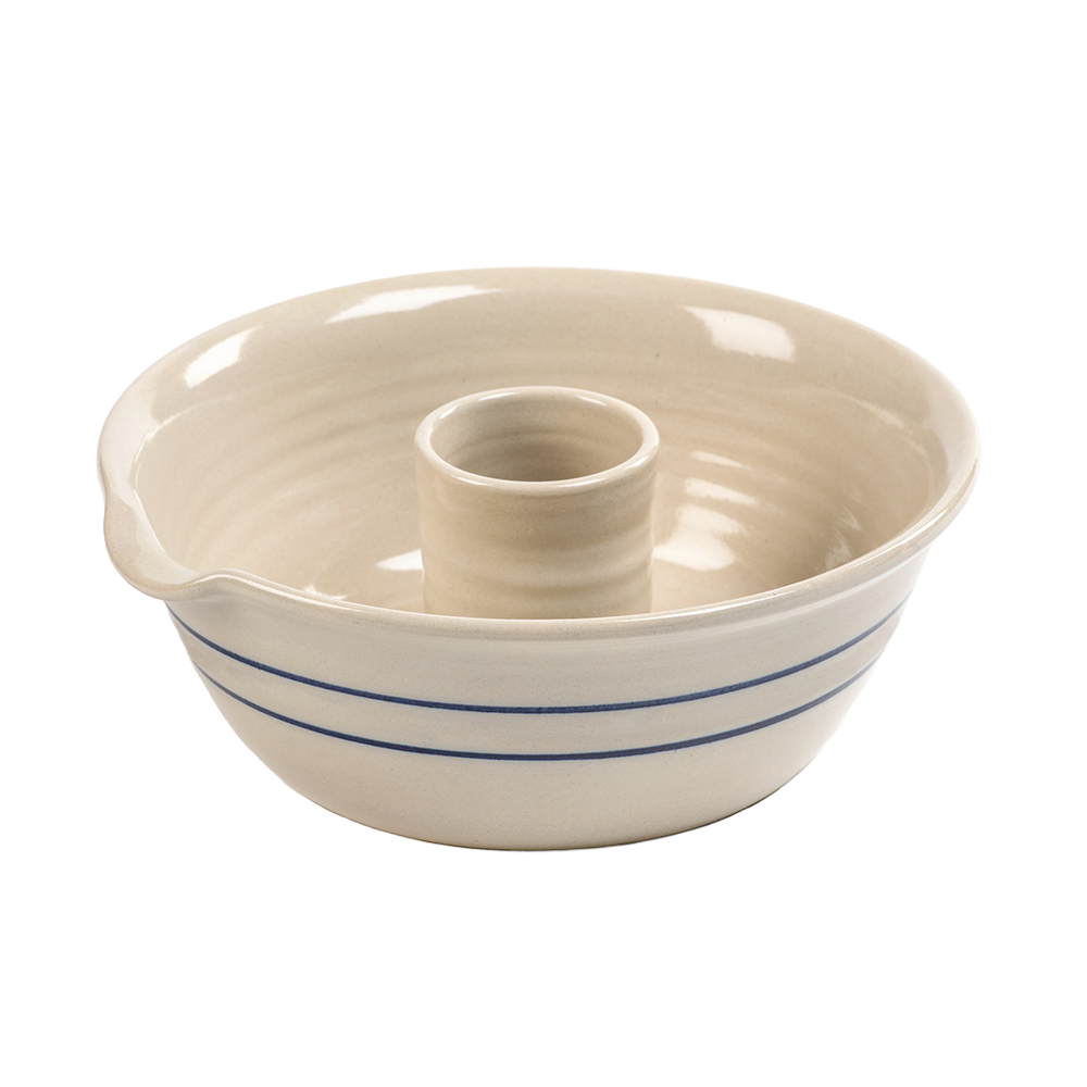 Handcrafted stoneware chicken cooker with blue stripe design, featuring a central reservoir for roasting, made in USA, ideal for Kitchen & Food, Cookware, and Holiday Hosting collections.
