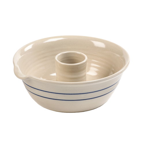 Handcrafted stoneware chicken cooker with blue stripe design, featuring a central reservoir for roasting, made in USA, ideal for Kitchen & Food, Cookware, and Holiday Hosting collections.