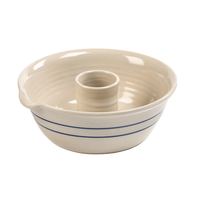 Handcrafted stoneware chicken cooker with blue stripe design, featuring a central reservoir for roasting, made in USA, ideal for Kitchen & Food, Cookware, and Holiday Hosting collections.