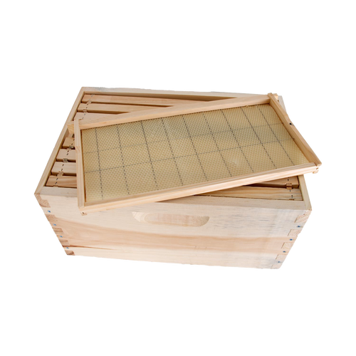 Handcrafted Amish-made 8-frame beehive kit with wooden deep and medium boxes, designed for beekeeping supplies, farm use, and USA-made quality.