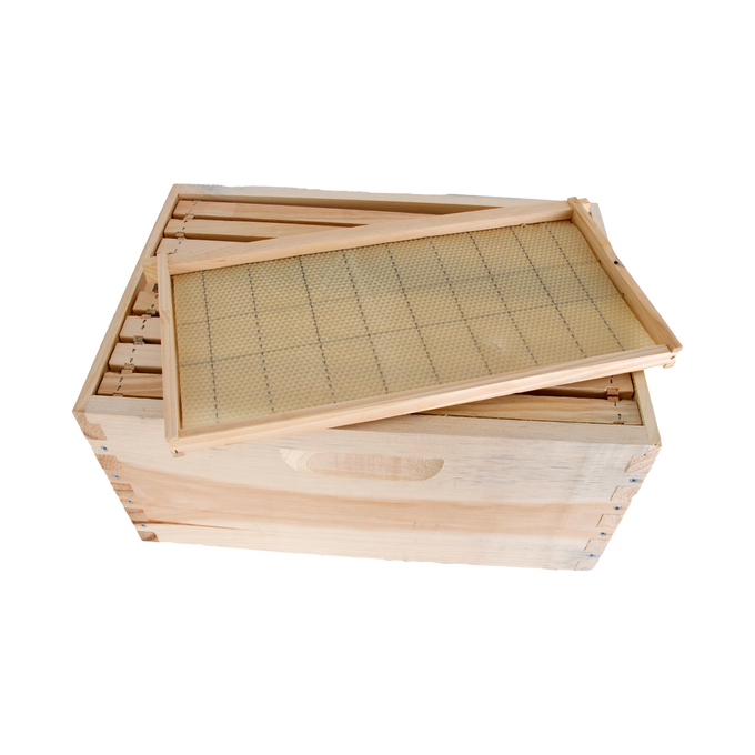 Handcrafted Amish-made 8-frame beehive kit with wooden deep and medium boxes, designed for beekeeping supplies, farm use, and USA-made quality.