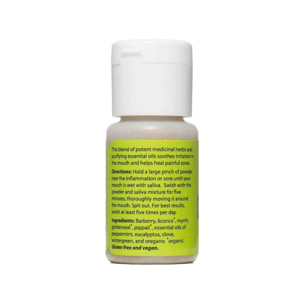 Small handcrafted bottle of tooth powder with medicinal herbs and essential oils to soothe mouth irritation and promote healing, made in USA for Health & Wellness and Grooming collections.