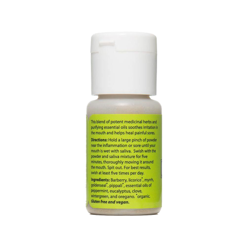 Small handcrafted bottle of tooth powder with medicinal herbs and essential oils to soothe mouth irritation and promote healing, made in USA for Health & Wellness and Grooming collections.