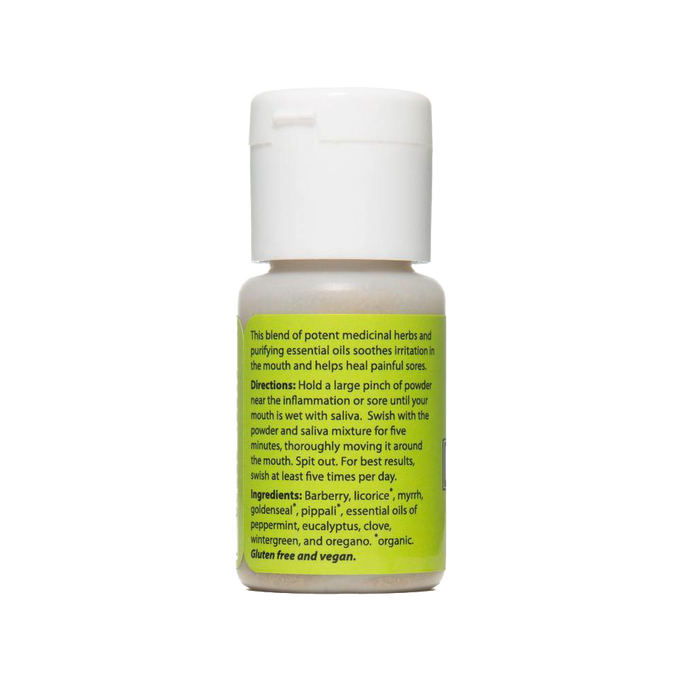 Small handcrafted bottle of tooth powder with medicinal herbs and essential oils to soothe mouth irritation and promote healing, made in USA for Health & Wellness and Grooming collections.