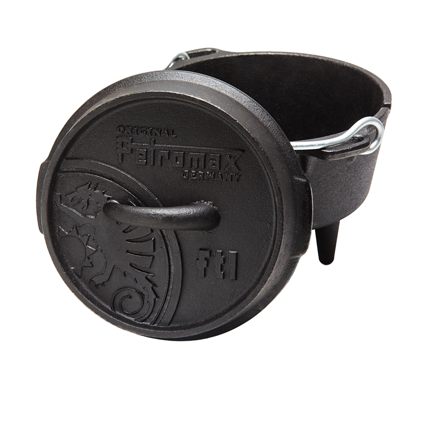 Heavy-duty cast iron Dutch oven with three legs and a sturdy metal bail handle, featuring an embossed lid with decorative details, designed for versatile outdoor and indoor cooking, ideal for Kitchen & Food, Cookware, Cast Iron, Best Sellers, and Promo Eligible collections.